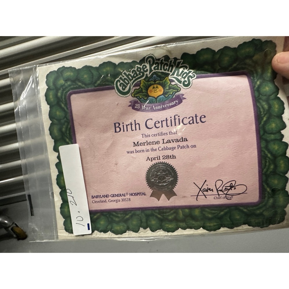 Cabbage Patch Kids 25th Anniversary Birth Certificate Merlene Lavada April 28th